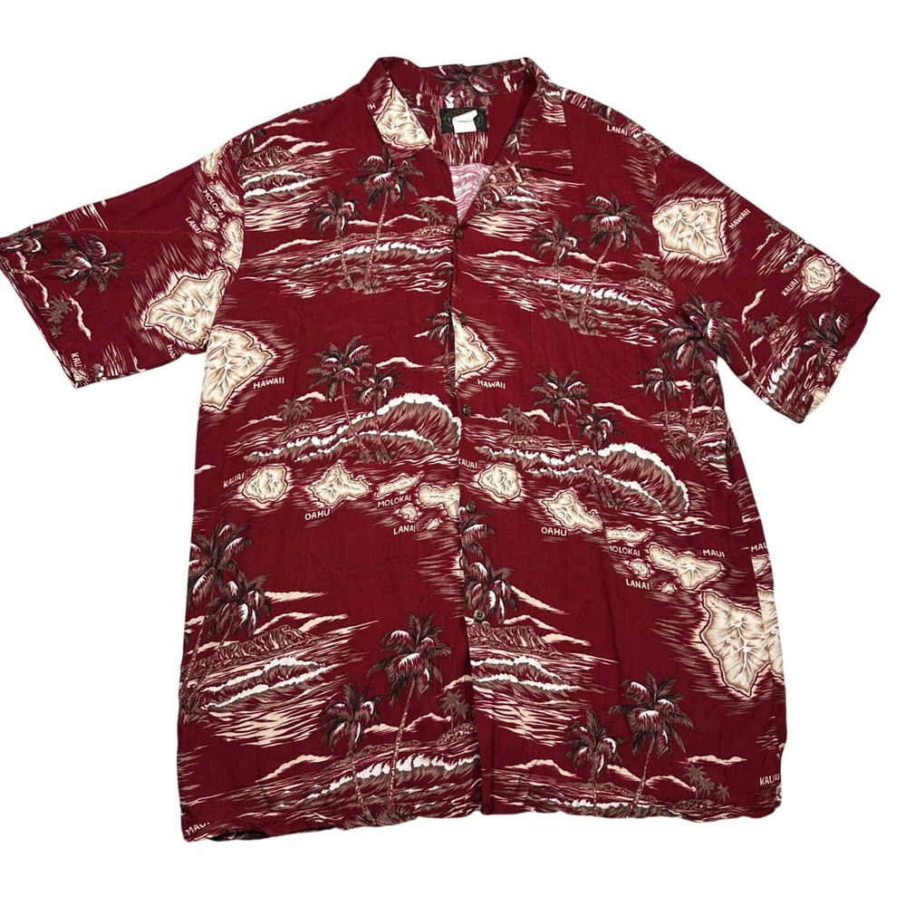 VTG Hawaiian Reserve Collection Men L Red Island Map Palm Tree Rayon Shirt USA